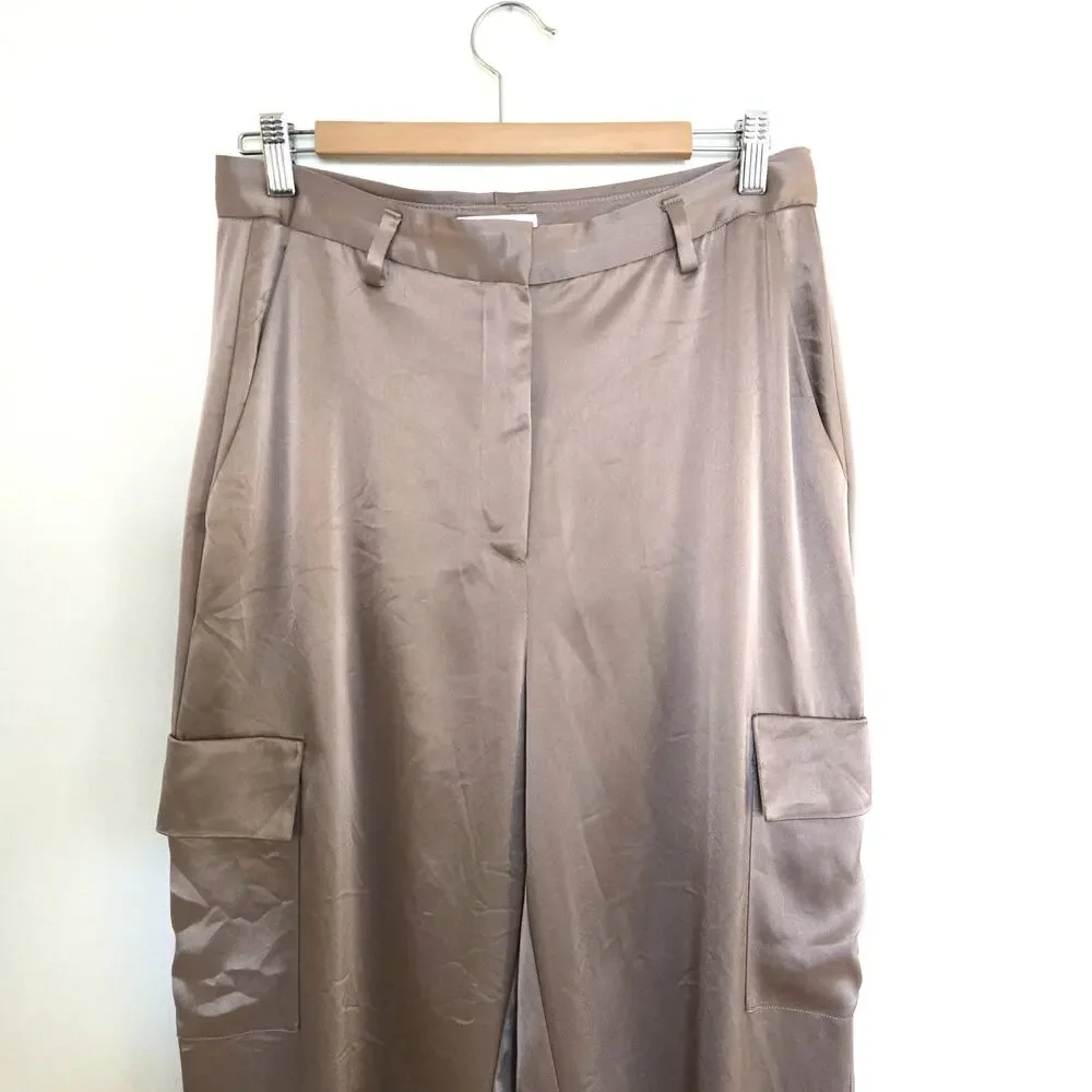 Babaton Aritzia Size 10 Champagne Taupe Refined Satin Cargo Wide Leg Pants - Picture 4 of 10